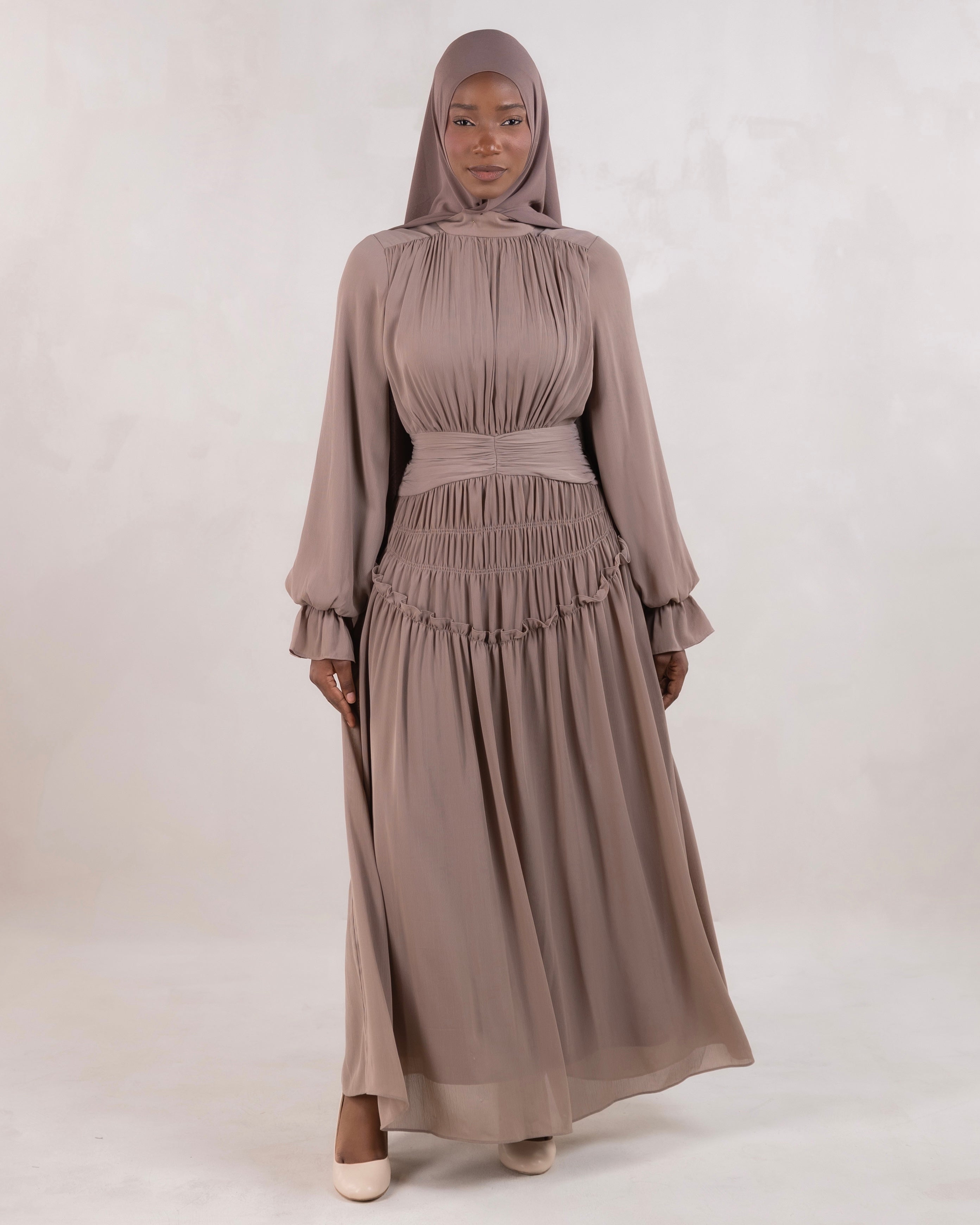 long taupe dress with sleeves Milan