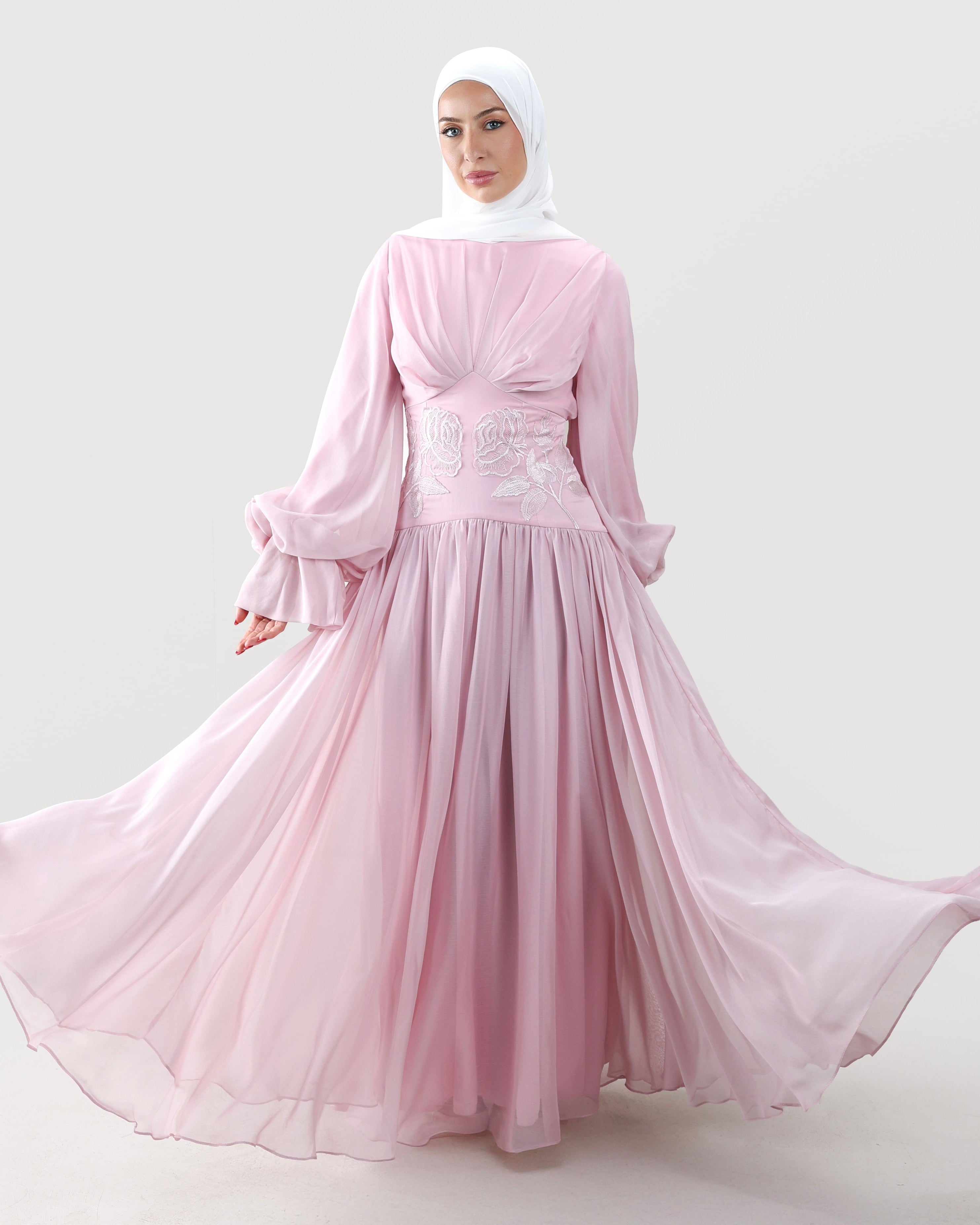 pink hijab dress Hala Rose Gown pleated dress with sleeves Alexander by Daymor 1791 this muslim clothes outfit Color:Peony