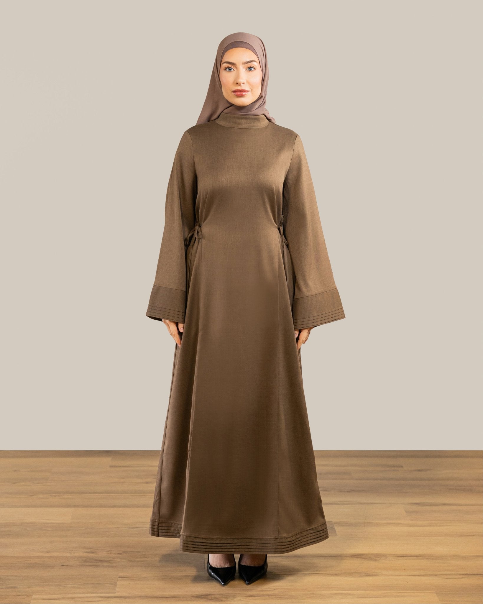 chocolate brown mother of the groom dresses ELODIE Strapless Drop Waist Midi Dress with Sash Neckpiece (Light Brown  Linen Blend) main image 1